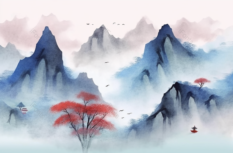 新中式蓝色山川泼墨画,插画/手绘图,插画/手绘图库,插画/手绘图下载,插画/手绘